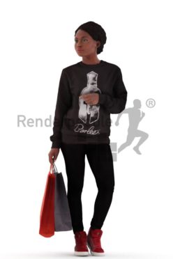 3d people casual, black 3d woman walking with shopping bags
