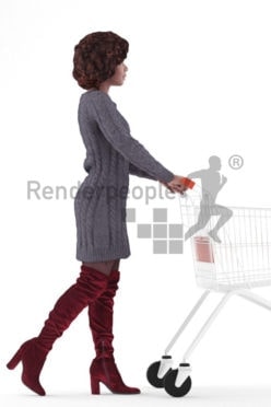 Scanned human 3D model by Renderpeople – black woman in daily winter outfit, walking with a shopping cart