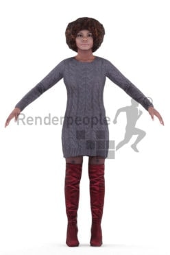 3d people casual, black rigged 3d woman in A Pose