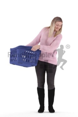 3d people casual, 3d white woman, standing with laundry basket