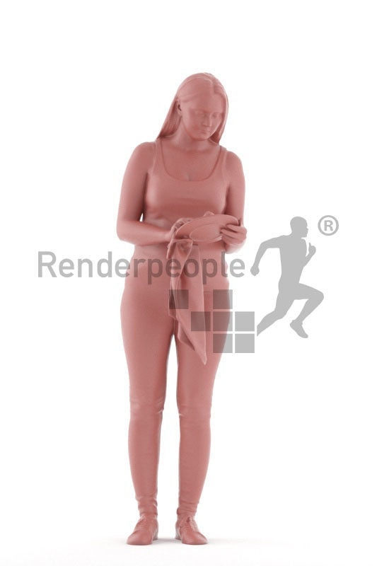3d people casual, 3d white woman, standing and drying dishes