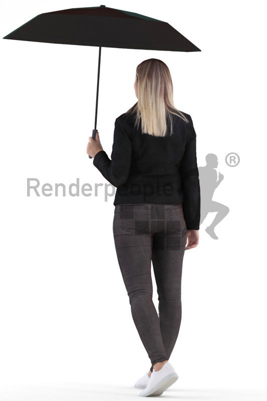 Scanned 3D People model for visualization – white woman, walking outside with an umbrella