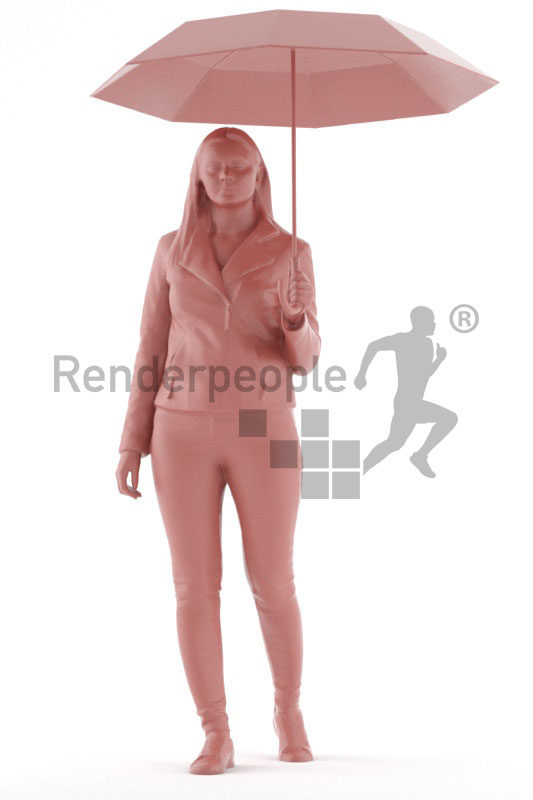 Scanned 3D People model for visualization – white woman, walking outside with an umbrella