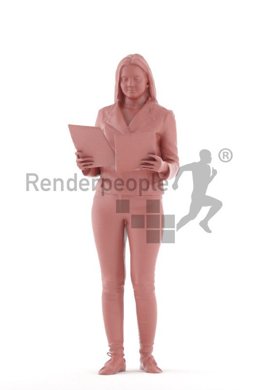 3d people casual, 3d white woman, standing and reading something