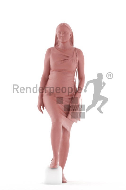 Posed 3D People model for renderings – white woman with event dress, walking upstairs