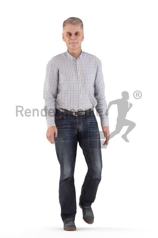 Animated 3D People model for visualization – elderly white man in a smart casual look, walking