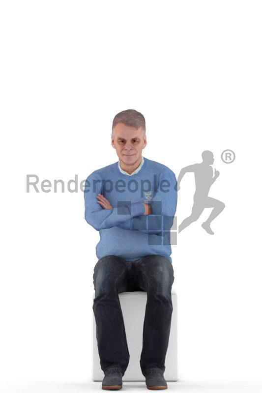 Human 3D model for animations – elderly european man in smart casuial look, sitting