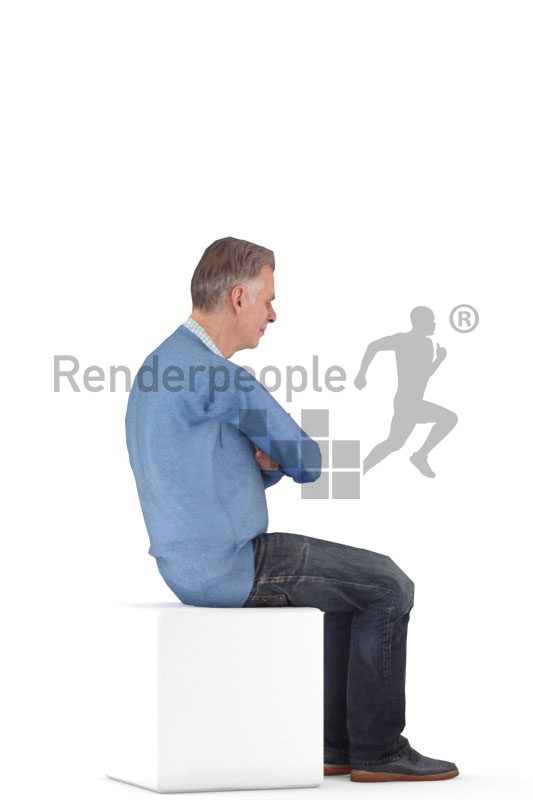 Human 3D model for animations – elderly european man in smart casuial look, sitting