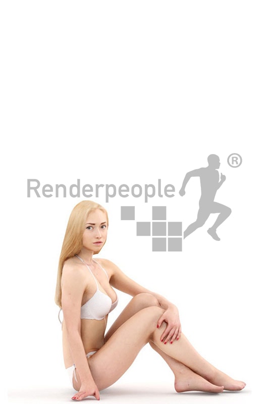 3d people beach, white 3d woman in bikini sitting on floor