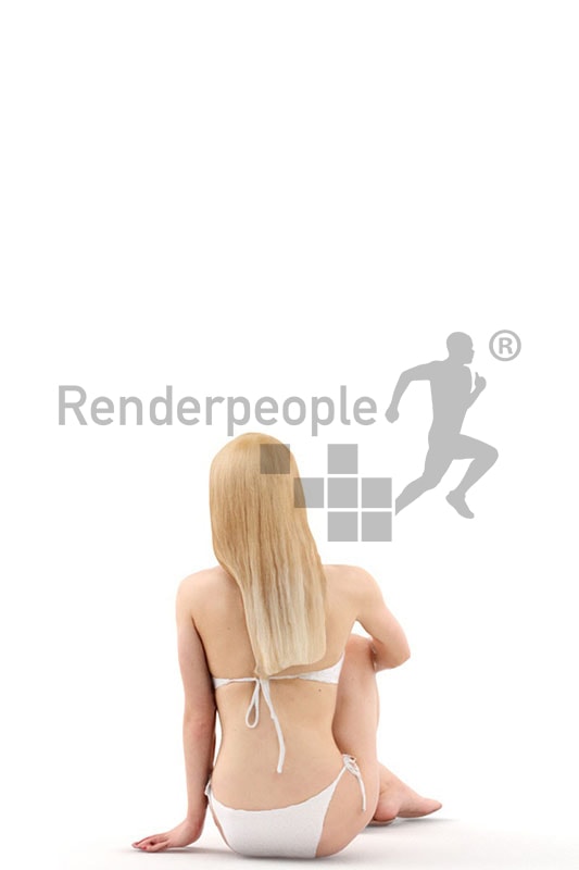3d people beach, white 3d woman in bikini sitting on floor