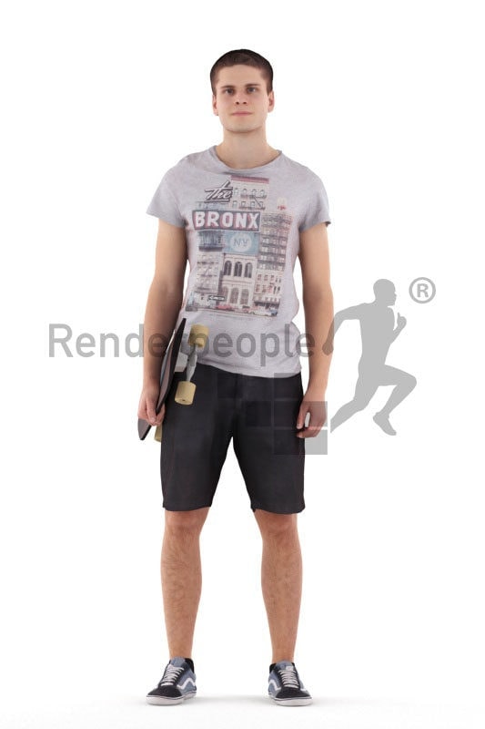 Scanned human 3D model by Renderpeople – European male in casual clothes, standing with a skateboard