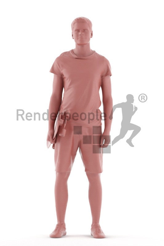 Scanned human 3D model by Renderpeople – European male in casual clothes, standing with a skateboard
