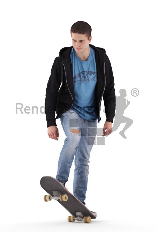 Photorealistic 3D People model by Renderpeople – casual dressed european man, skateboarding
