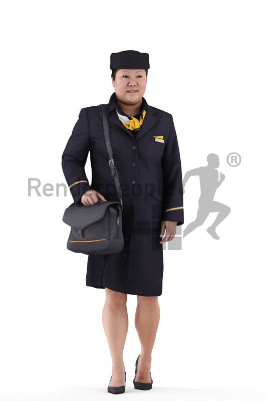 Scanned human 3D model by Renderpeople – asian stewardess walking with a bag