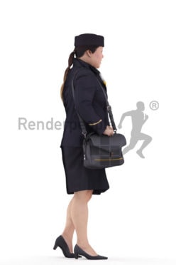 Scanned human 3D model by Renderpeople – asian stewardess walking with a bag