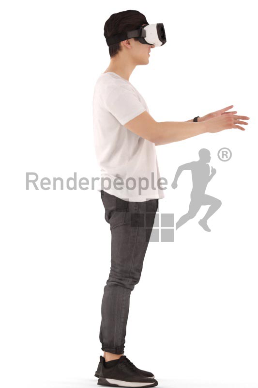 3d people casual, asian 3d man standing and wearing a vr headset