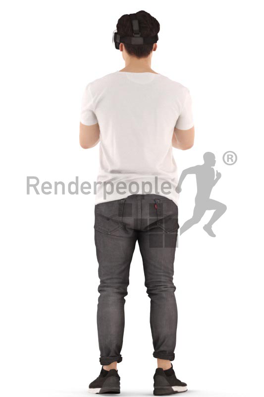 3d people casual, asian 3d man standing and wearing a vr headset