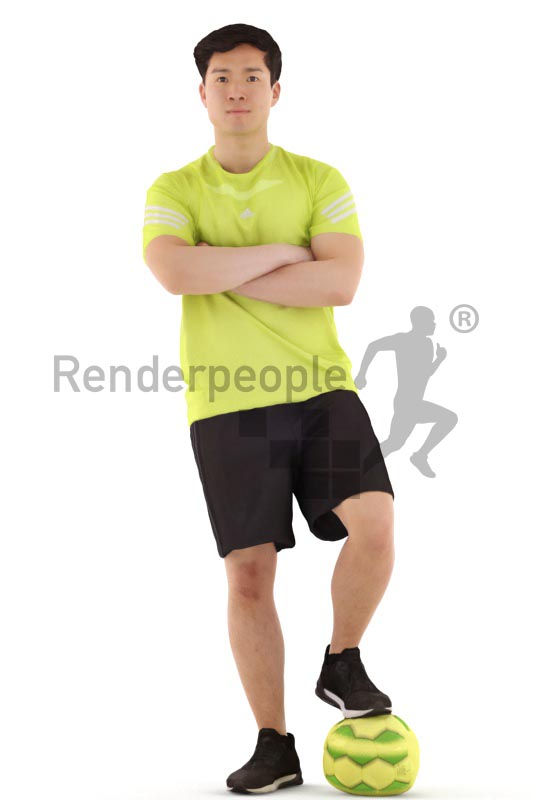 3d people sports, asian 3d man standing with soccer ball