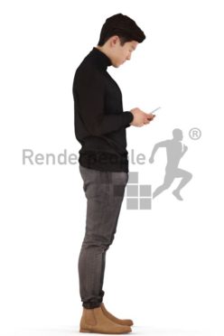 3d people casual, asian 3d man standing and texting