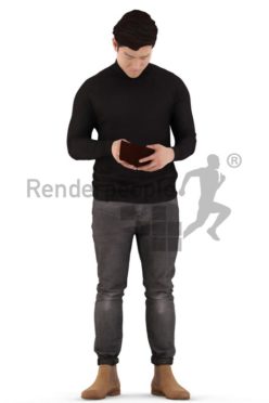 3d people casual, asian 3d man standing and looking into his wallet