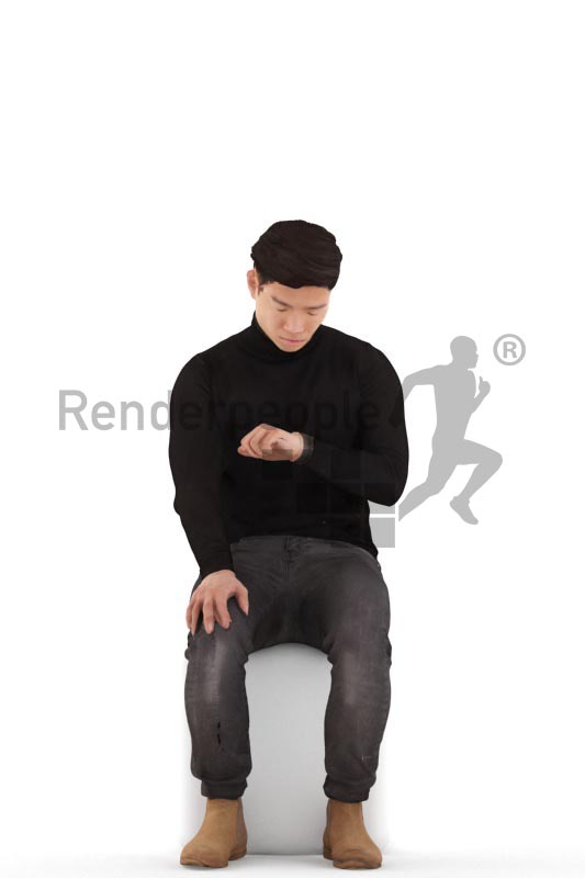 3d people casual, asian 3d man sitting and looking on his watch