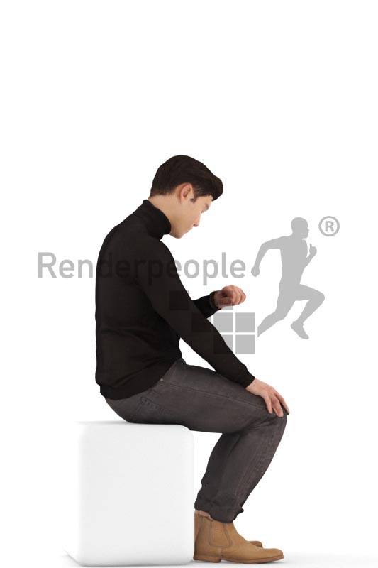 3d people casual, asian 3d man sitting and looking on his watch
