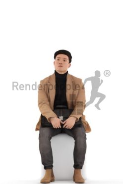 3d people casual, asian 3d man sitting, waiting with his briefcase