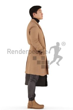 3d people casual, asian 3d man standing, waiting with his briefcase