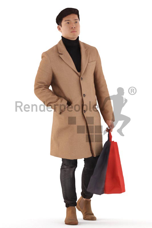 3d people casual, asian 3d man walking with shopping bags