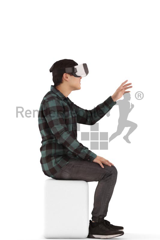 3d people casual, asian 3d man sitting with vr goggless
