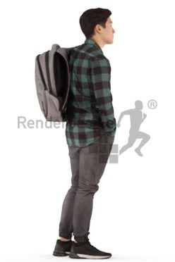 3d people casual, asian 3d man standing, waiting with a bagpack