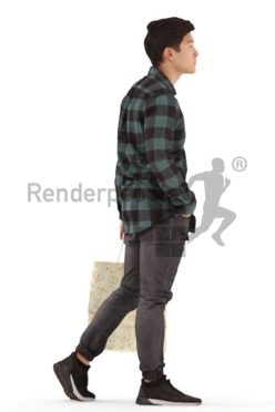 3d people casual, asian 3d man walking with a shopping bag