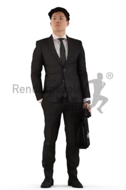 3d people business, asian 3d man standing with a briefcase and umbrella in his hand