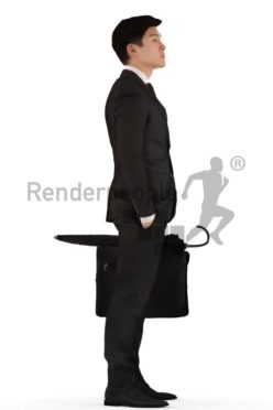 3d people business, asian 3d man standing with a briefcase and umbrella in his hand