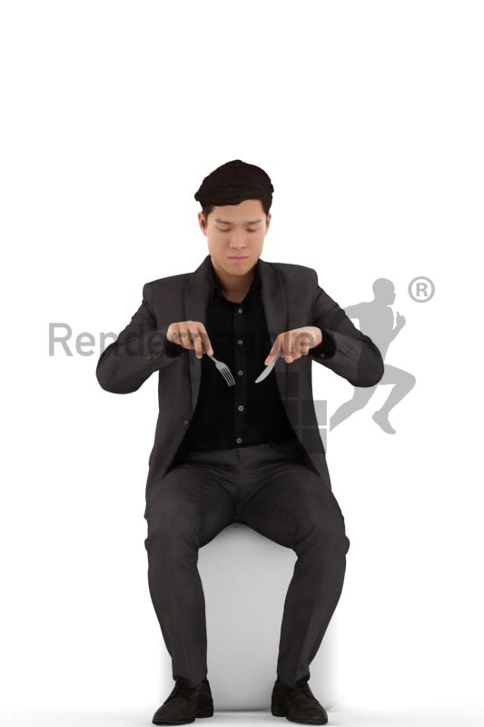3d people business, asian 3d man sitting and eating dinner
