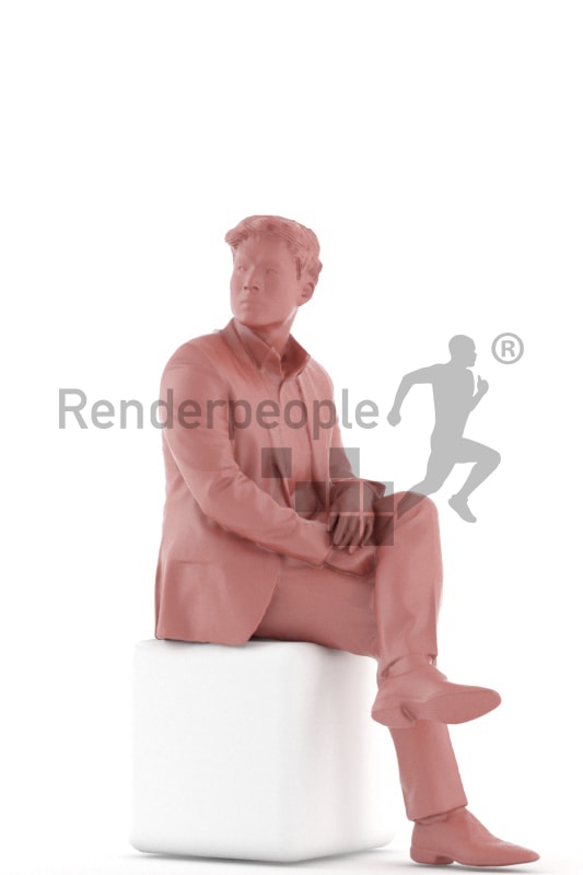 3d people business, asian 3d man sitting and waiting