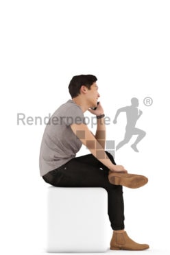 3d people casual, asian 3d man sitting and callling