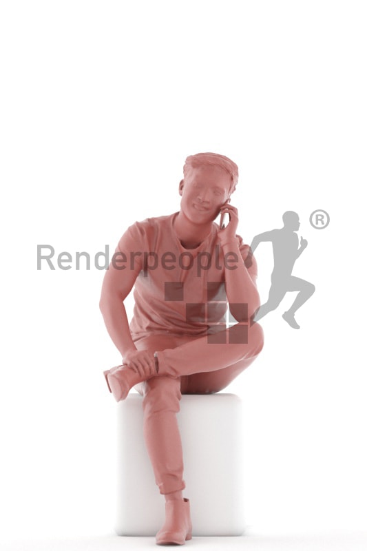 3d people casual, asian 3d man sitting and callling
