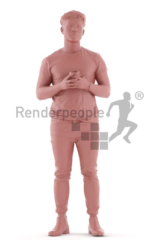 3d people casual, asian 3d man standing and drinking coffee