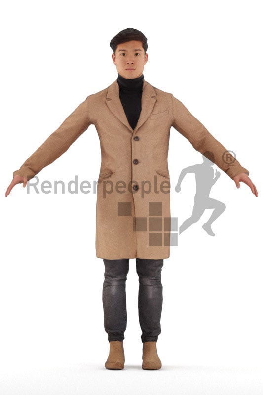 3d people outdoor, rigged young asian man in A Pose