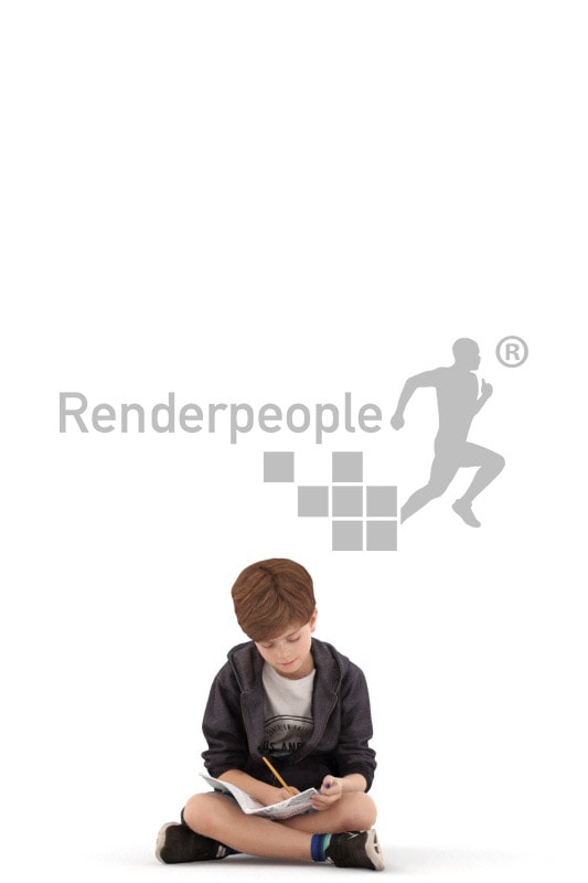 3d people casual, white 3d kid sitting and drawing