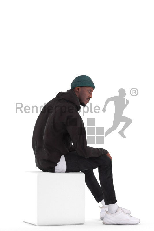 Animated 3D People model for realtime, VR and AR – black man in casual streetwear, sitting