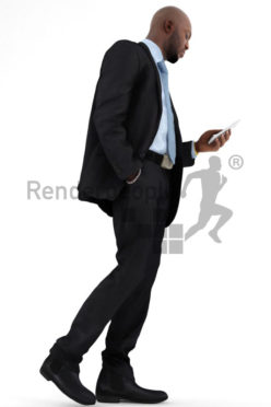 3d people business, black 3d man walking and checking his phone