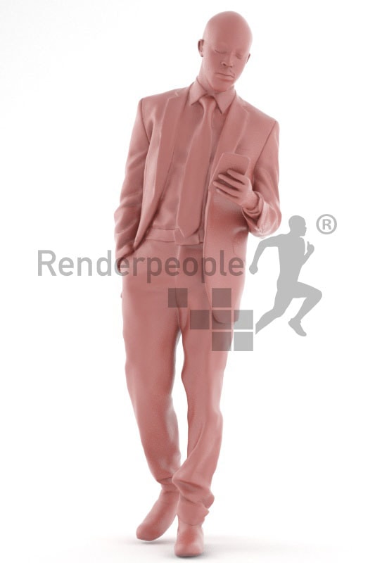 3d people business, black 3d man walking and checking his phone