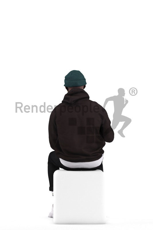 Photorealistic 3D People model by Renderpeople – black man in streetwear, sitting and opening a burger box, eating