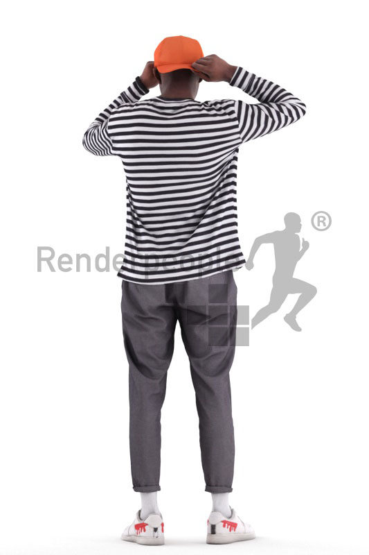 Photorealistic 3D People model by Renderpeople – black male in casual streetwear, putting on his cap