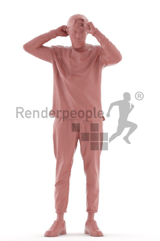 Photorealistic 3D People model by Renderpeople – black male in casual streetwear, putting on his cap