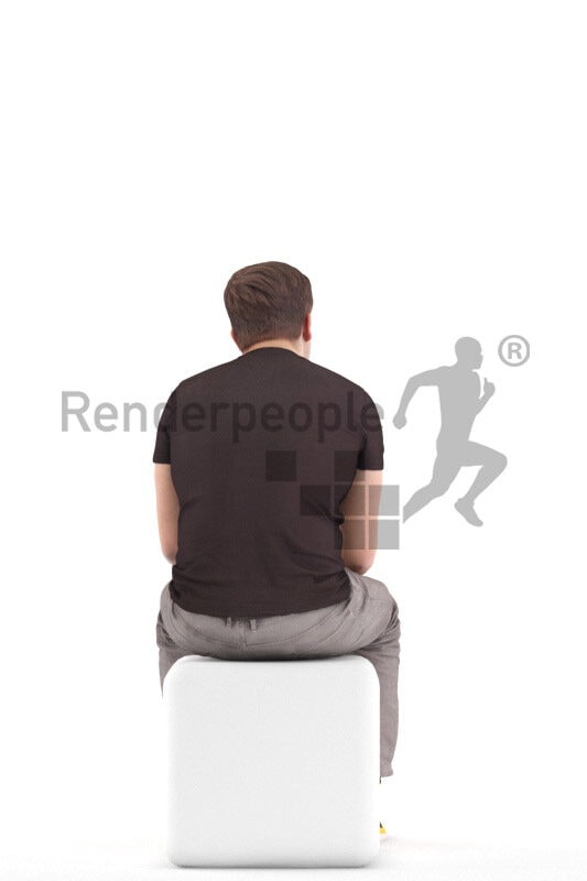 Scanned human 3D model by Renderpeople – european male in casual outfit, sitting and holding energy drink