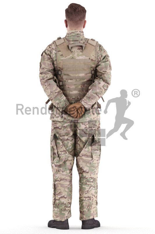 Photorealistic 3D People model by Renderpeople – white man in soldiers outfit, standing and listening