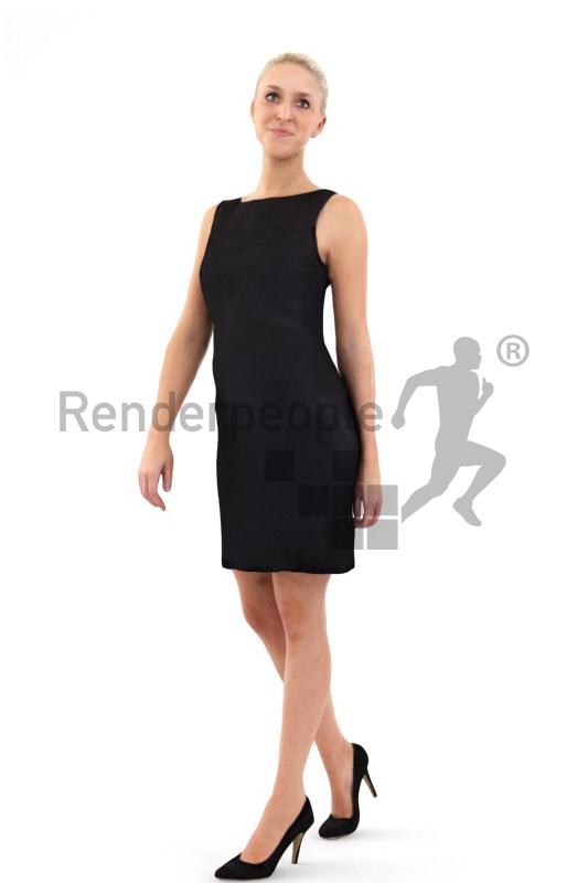 3d people event, white 3d woman in black dress walking